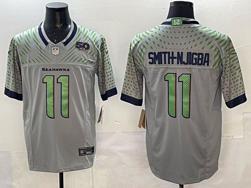 Men 2025 Seattle Seahawks #11 Smith-Njigba grey 5th generation Throwback Nike Limited NFL Jersey style 06